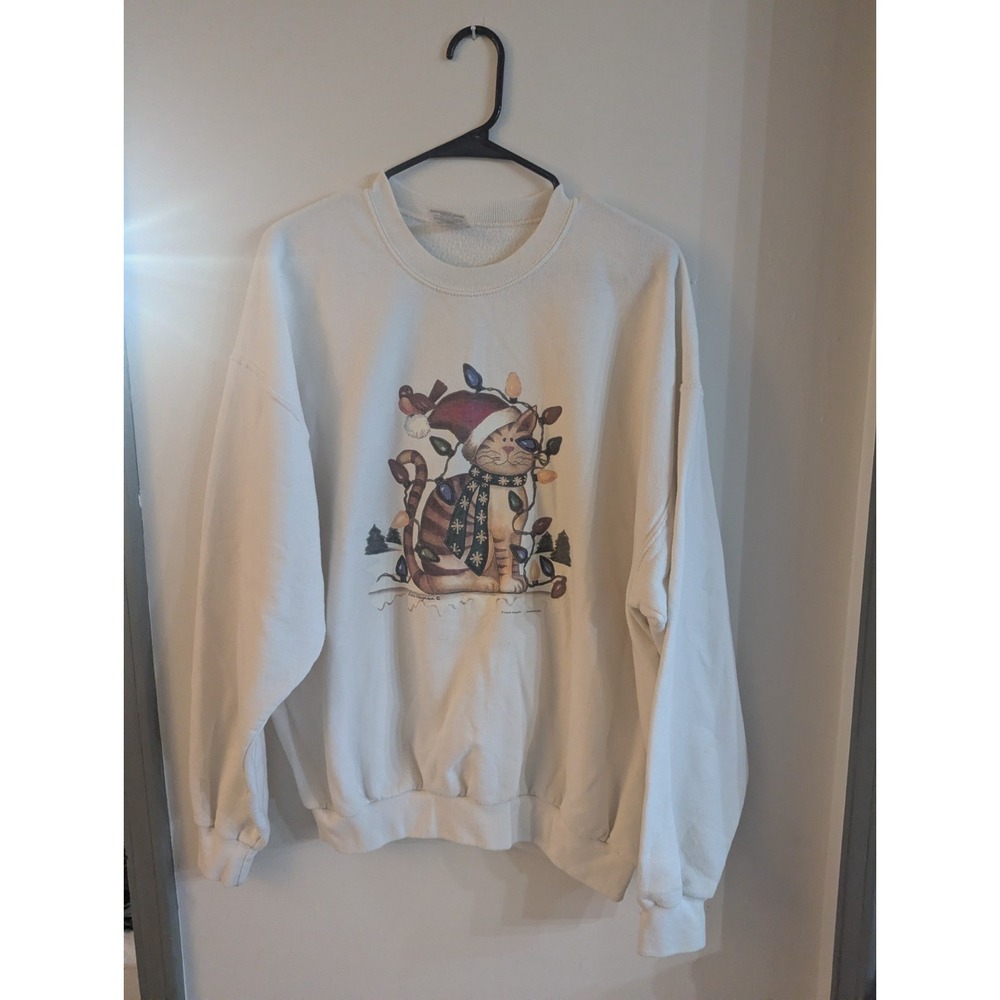 Vintage 90s Christmas Kitten Sweatshirt Cat With Christmas Lights